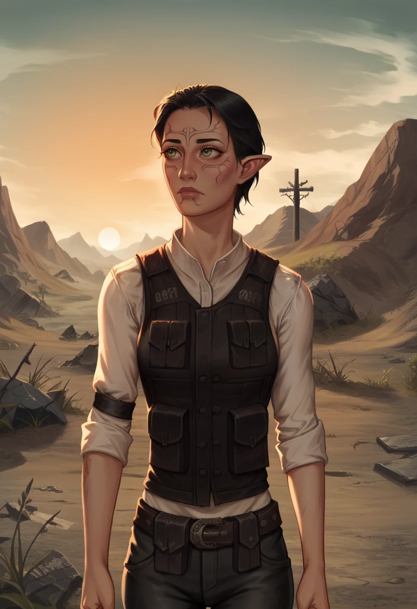 score_9, score_8_up, score_7_up, 1girl, solo, bulletproof vest, white shirt, pants, skinny, slim,
wasteland, sun, godrays, post-apocalypse, outdoors, backback, upper body,
<lora:Joshua_Graham_OutfitCharacter_-_Fallout_New_Vegas:0.6>, <lora:Merrill_Dragon_age_2:0.8> SulfS-M3rr1LL, pointy ears, face tattoo, facial mark, short hair, black hair, green eyes, <lora:Krys_Decker_-_Artist_style_Newer__characters:0.9> ss-krd_new,