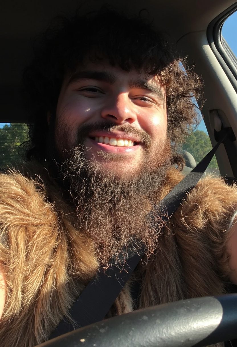 photo selfie of a neanderthal cave man in a car, wearing a crude fur cloak, smiling, sunny day, sun casting shadows on his face <lora:mobile-000081:1>