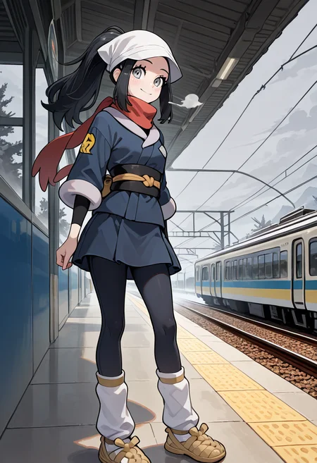 masterpiece, best quality, 1girl, solo, eyelashes, (beautiful eyes),     zzAkari, grey eyes, eyelashes, black hair, long hair, white headwear, sidelocks, ponytail, black pantyhose, black undershirt, jacket, loose socks, pantyhose, red scarf, sash, train station, overcast, standing, wind blowing, looking away â At a nearly empty train station beneath a heavy grey sky, Akari stands still, her long black hair fluttering gently in the wind. The red scarf around her neck dances with the breeze, adding contrast to her muted outfit. Her grey eyes stare into the distance, lost in thought. Her loose socks droop over her shoes, pantyhose shimmering faintly in the soft light. A quiet melancholy fills the space, frozen between arrivals and departures. looking at viewer, wave, smile,   , <lora:AkariPokemon_IXL_v2:1.0>,