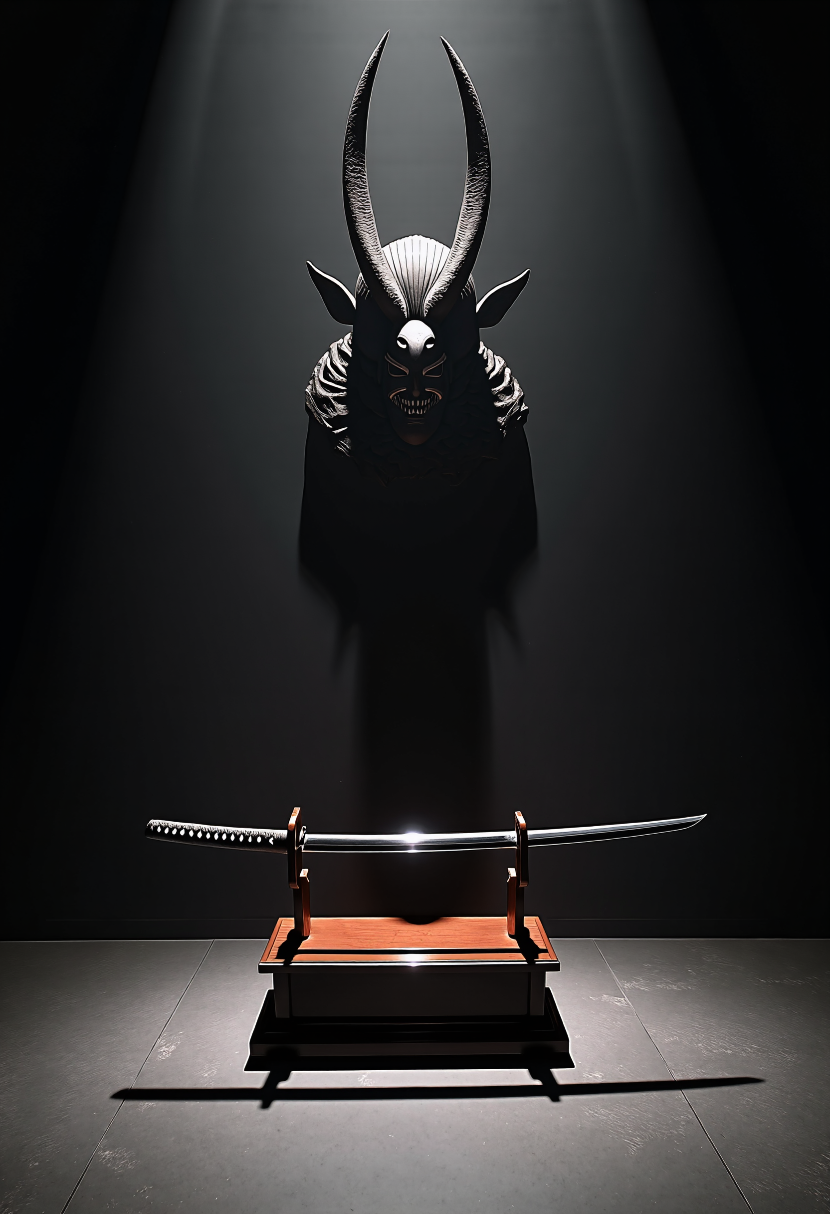 Chiaroscuro Lighting Style, LowKeyLights_v2, In the center of a dark, expansive exhibition hall, a finely crafted katana rests on an elegant wooden stand. The polished blade glints subtly in the low light, showcasing its exquisite craftsmanshipâthe ornate hilt and perfect edge reflecting quiet power and precision. Behind the katana, looming in the shadows, is the faint, intimidating silhouette of a massive shogun mask in void, covered in shadows. The mask's menacing grin and sharp horns are barely visible, casting a heavy, foreboding presence over the display. The mask casts a long, dark shadow on the floor, stretching ominously toward the katana, as if the spirit within the mask reaches out, connecting with the weapon. The contrast between the beauty of the katana and the eerie, watchful presence of the Hannya mask creates a haunting atmosphere, blending elegance with hidden menace <lora:low-key_lights_v2:0.5> <lora:Chiaroscuro Lighting Style v1:1>