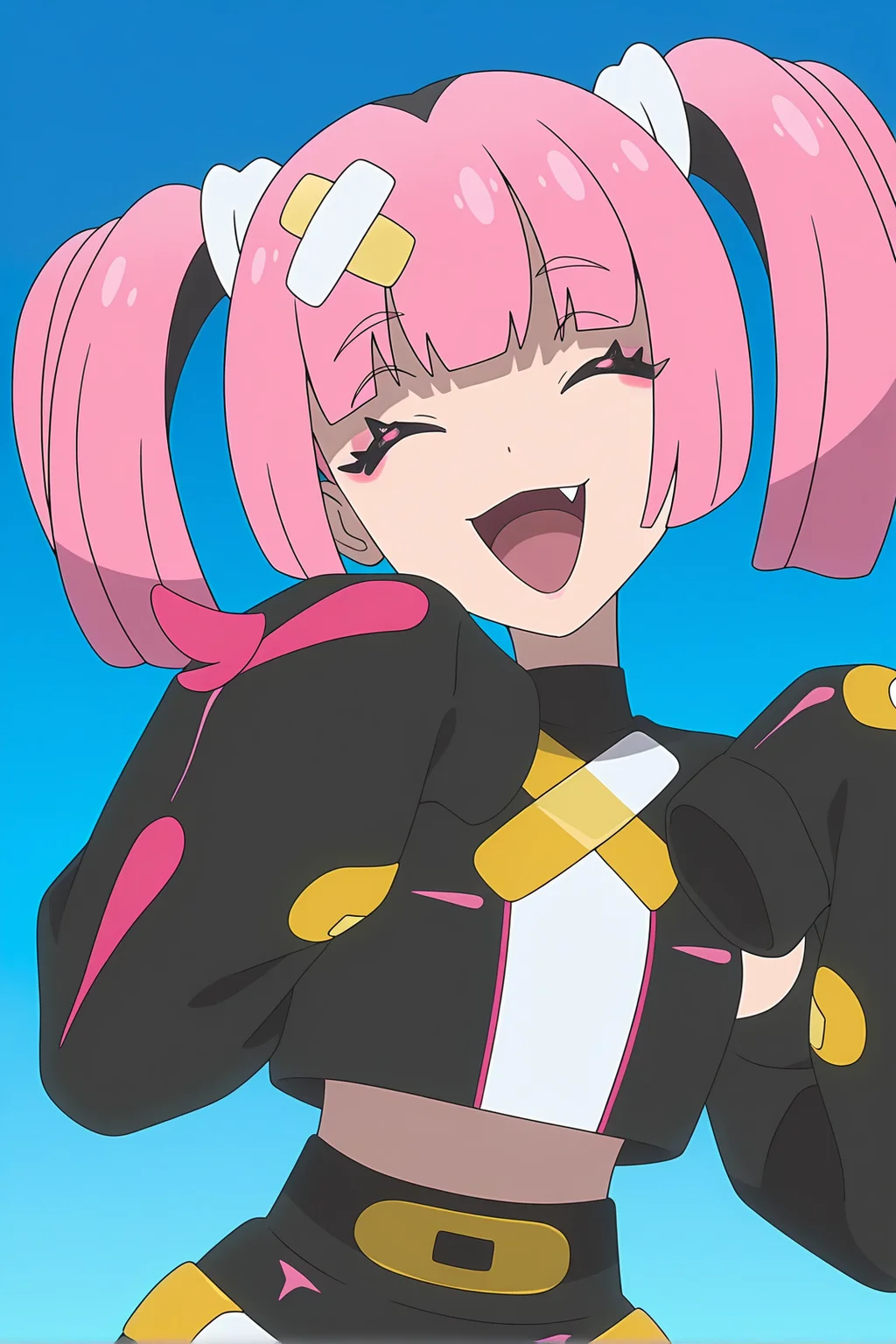 anime screencap, pokemon, pokemon horizons, coralmv, 1girl, solo, smile, open mouth, simple background, shirt, skirt, long sleeves, hair ornament, twintails, jacket, upper body, closed eyes, pink hair, :d, tongue, belt, fang, blunt bangs, black jacket, hands up, sleeves past wrists, eyelashes, makeup, blue background, happy, facing viewer, buckle, sleeves past fingers, eyeshadow, belt buckle, yellow belt, pink eyeshadow, gradient background, coral \(pokemon\)
<lora:Coral_2outf:1>