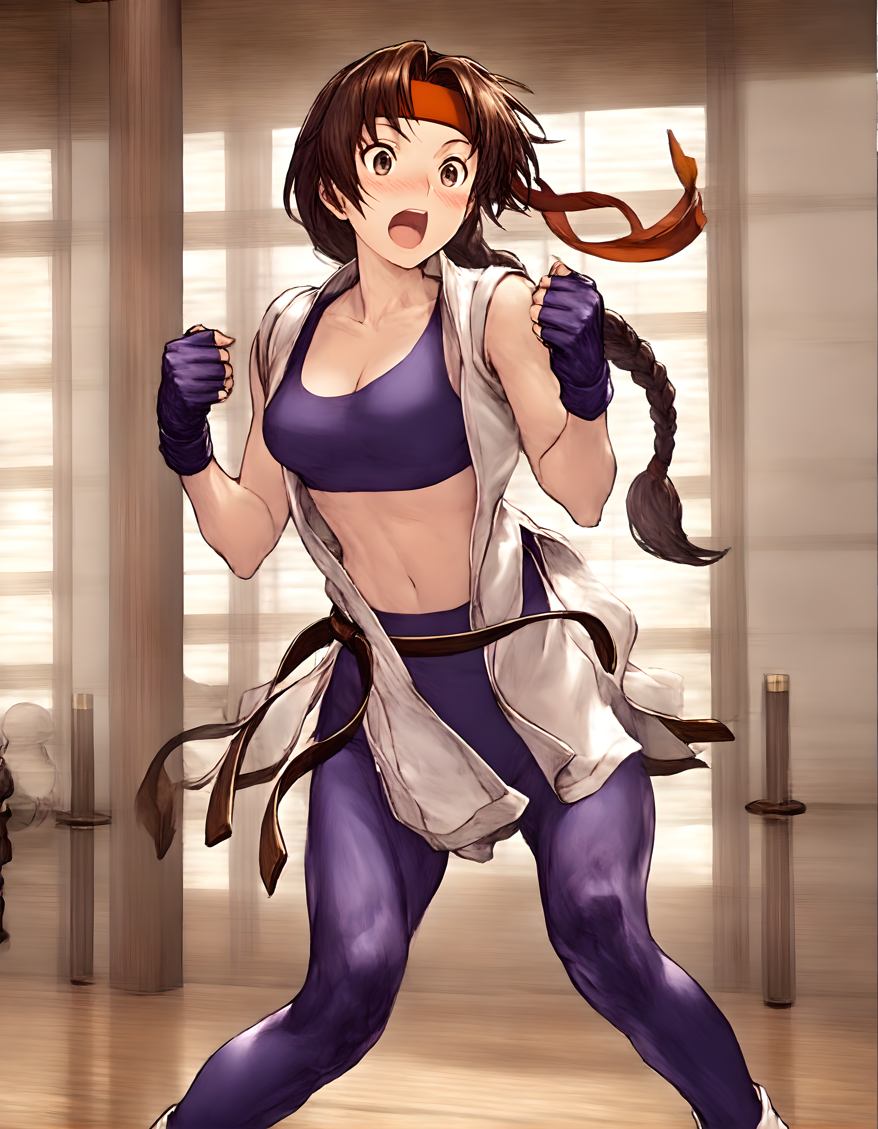 <lora:illustrious_XL_sakazaki:1>,sakazaki,masterpiece,best quality,good quality,1girl,solo,red headband,single braid,dougi,collarbone,sleeveless,fingerless gloves,martial arts belt,spandex,standing,knees_together_feet_apart,day,dojo,cowboy_shot,front view,open road dress,nude,cleavage,navel,sports bra,look at your own breasts,embarrass,surprised look,open mouth,blush,