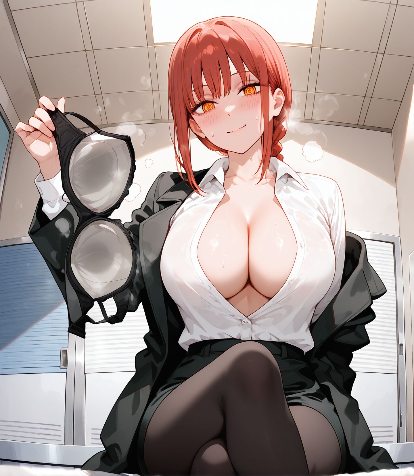 masterpiece, best quality, newest, absurdres, highres, detailed eyes, beautiful, detailed background, perfect eyes, anime coloring, anime screencap,
5fingers,
<lora:removing_bra_under_shirt:1>Taking_off_brav1,
1girl, solo,hetero,breasts,
pantyhose,blush, embarrassed, 
underwear,shirt, steam, 
sweatdrop, no bra,see-through clothes, 
(holding a removed bra,standing, 
bra in hand),open clothes, cleavage, 
BREAK
makima  \(chainsaw man\)  , office,crossed legs,  smile, 
open clothes, cleavage, chainsaw man,official art,