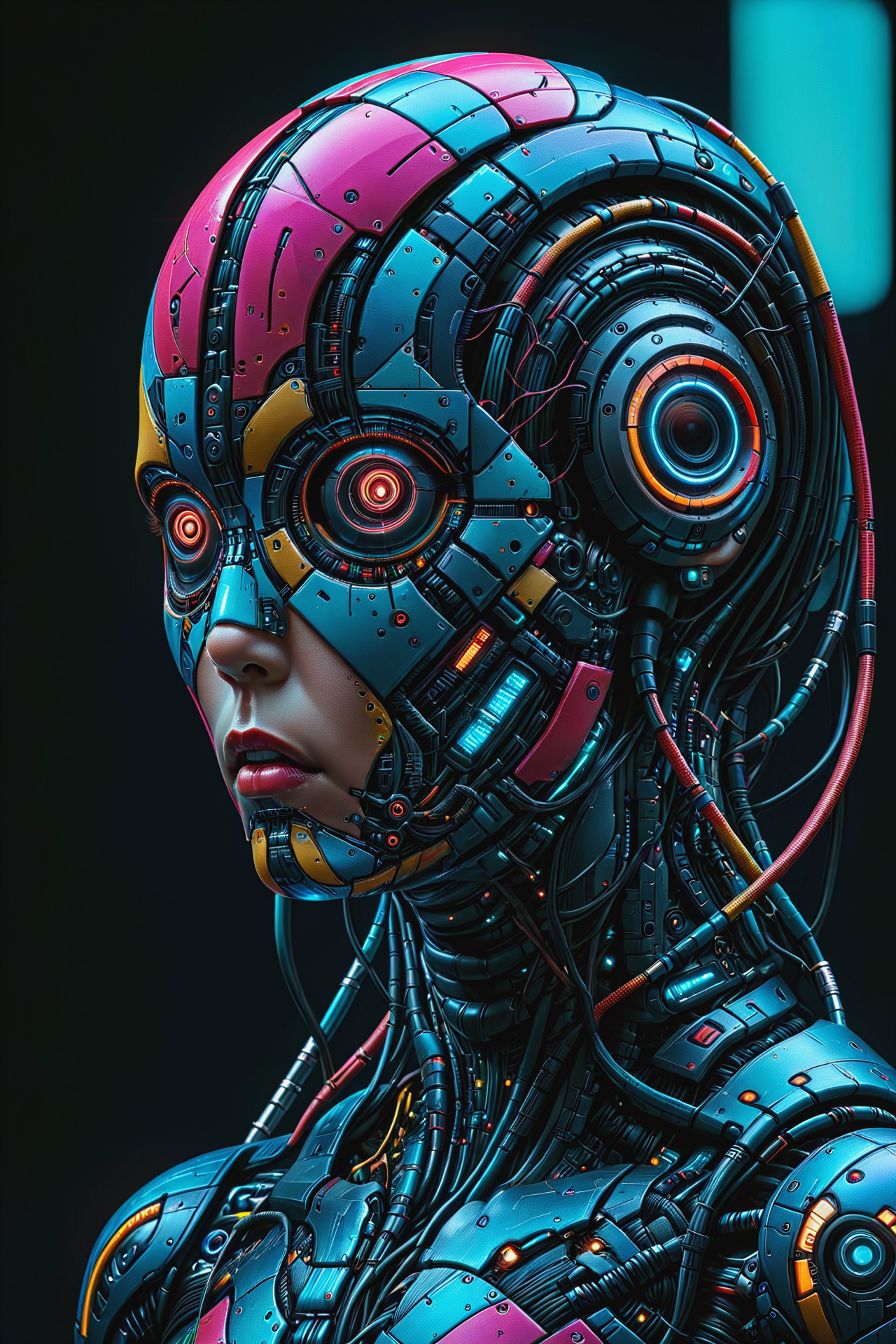 noface (mad_colorful_mosaic:1.2) cyborg, cables, tubes, upperbody, cyberpunk city, neon lights, night <lora:Colorful_Mosaic_SDXL:1.2>  <lora:Faceless_Cyborgs:0.6>, <lora:EnvyBetterHiresFixXL01:1>, masterpiece, best quality, ultra high res, (photorealistic, realistic:1.2), deep shadow, raw photo, film grain, Fujifilm XT3, 8k uhd, dslr