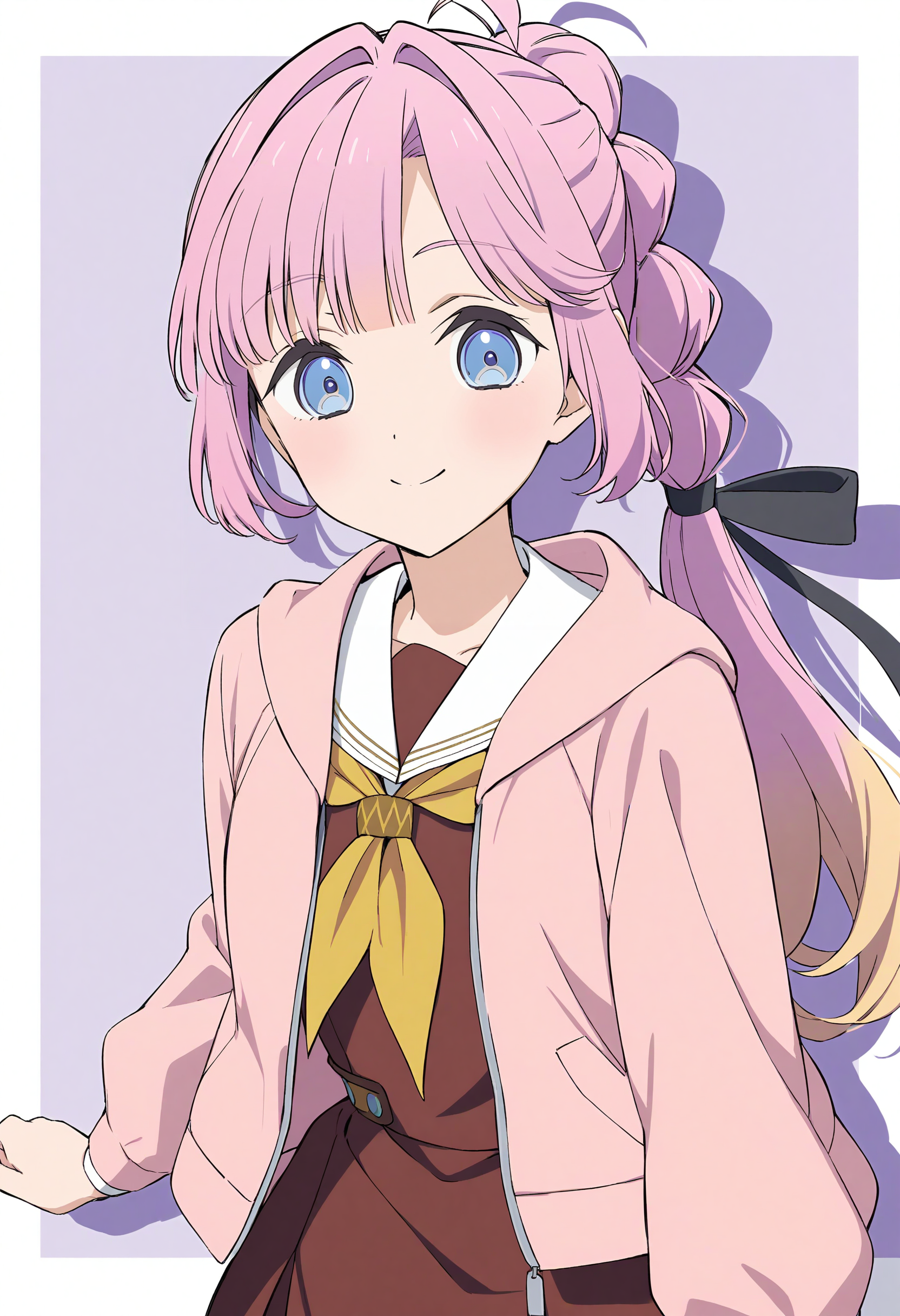 1girl, best quality, masterpiece, anime, anime coloring, simple background, light purple theme, outside border, drop shadow,  smile, looking at viewer, upper body, cute
<lora:A_XL_Anyoji Hime v3_Animagine31:1>  anyoji hime, link! like! love live!, pink hair, blue eyes, long hair, hair ribbon, ponytail, multicolored hair,
winter uniform, hasunosora school uniform, long sleeves, brown serafuku, yellow neckerchief, white sailor collar, loafers, brown skirt, pink jacket, open jacket,