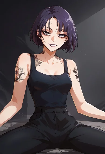 score_9, score_8_up, score_7_up, Expressiveh, source_anime, masterpiece, score_9, score_8_up, score_7_up 1girl, solo, mayabl2, tattoo, makeup, lipstick, half closed eyes, looking at the viewer, (cowboy shot:1.3), (asian, japanese idol:1.3), very short hair, yakuza tattoo, irezumi, (black undersized tank top:1.3), (black oversized pants:1.3), visible ombligo, thin waist,perfect eyes, symetric eyes, half closed eyes, dark bags under eyes, bags under eyes, slim, slender, ripped body, symetric eyes, looking at the viewer, (very short hair:1.3), morena, sitting, spread legs, evil smile, pretty face, perfect face, (black skin:1.1)