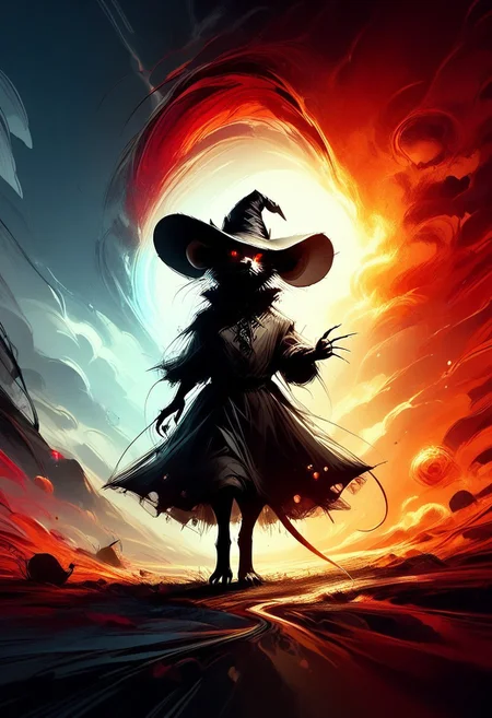 score_9, score_8_up, score_7_up, score_6_up, score_5_up, score_4_up, (solo), (fluffy:0.8), (feral), outdoors, furry, (((mouse))), female, glowing red eyes, grey fur, black ears, claws, (fluffy cheeks:0.4), witch hat, (black dress), (red glowing magical staff), (cute:0.3), in the style of beatrix potter, cel-shading, monochromemuse, monochrome, greyscale, ink splatter, sky, backlit, dark aura, arkane_dark. dramatic angle, portal