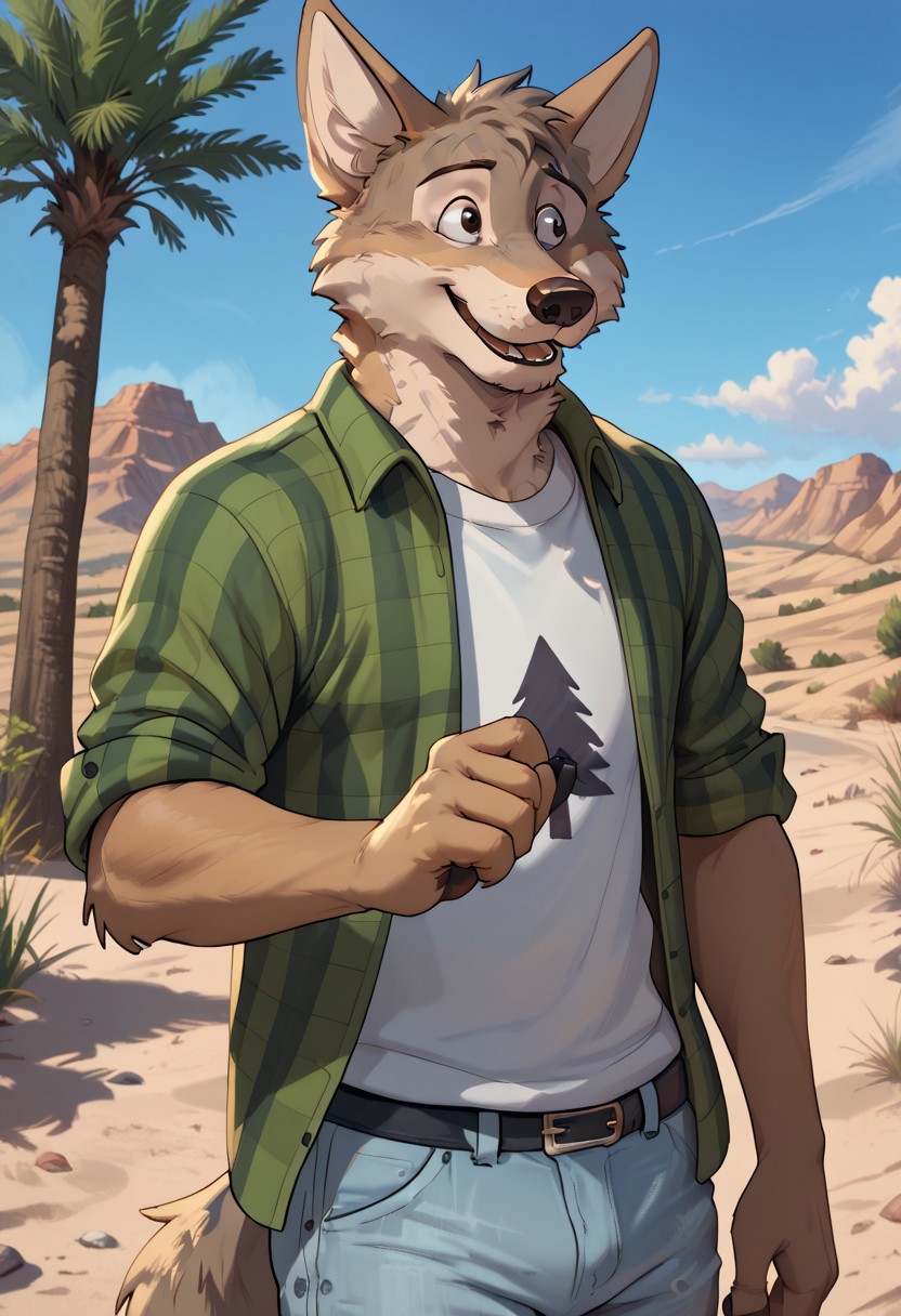 score_9, score_8_up, score_7_up, solo, 1boy, Cameronvn, coyote, green jacket, white shirt with black tree, light blue pants, happy, outdoors, middle of desert background, (5fingers), hi res, detailed eyes, eyes focus, perfect eyes, perfect face, black eyes, big iris, best artwork, highly detailed, 4k res