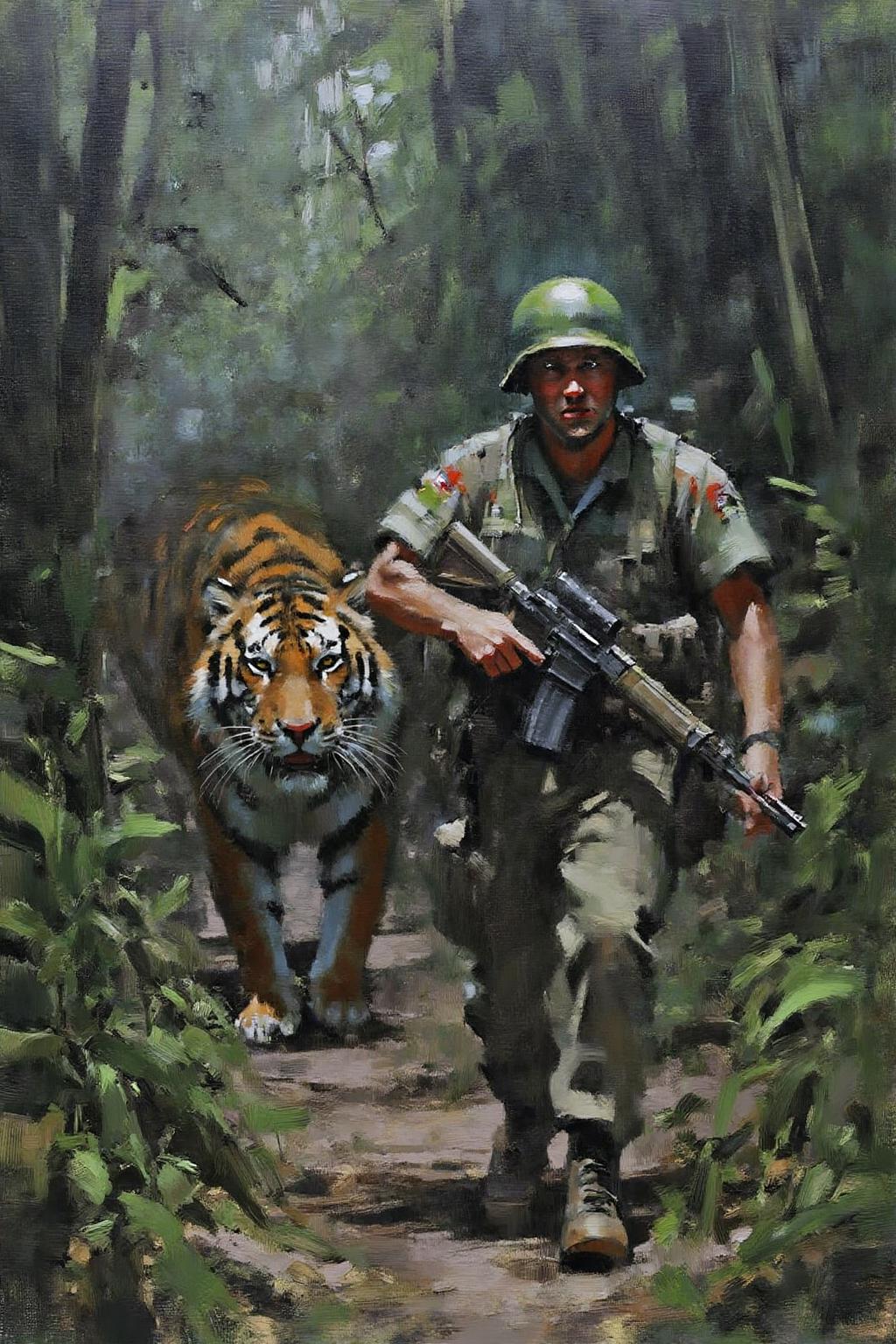 marklague1 painting.
Create a tense jungle scene set in Vietnam, featuring a dense, lush environment with thick foliage, tall trees, and tropical plants. We see the close up face of an American Marine, showing fear in his face, is cautiously walking towards the viewer, holding a rifle in a ready position. He is dressed in camouflage fatigues and a helmet, blending into the surroundings. Unbeknownst to him, a distance away, a stealthy tiger is following closely behind, partially obscured by the foliage. The tiger's eyes are fixed on the soldier, adding a sense of impending danger to the scene. The overall atmosphere should be one of suspense, with the jungle's dense greenery and shadows heightening the tension. <lora:marklague1_cap_d8a4e12:1.0><lora:855138463253569468:0>