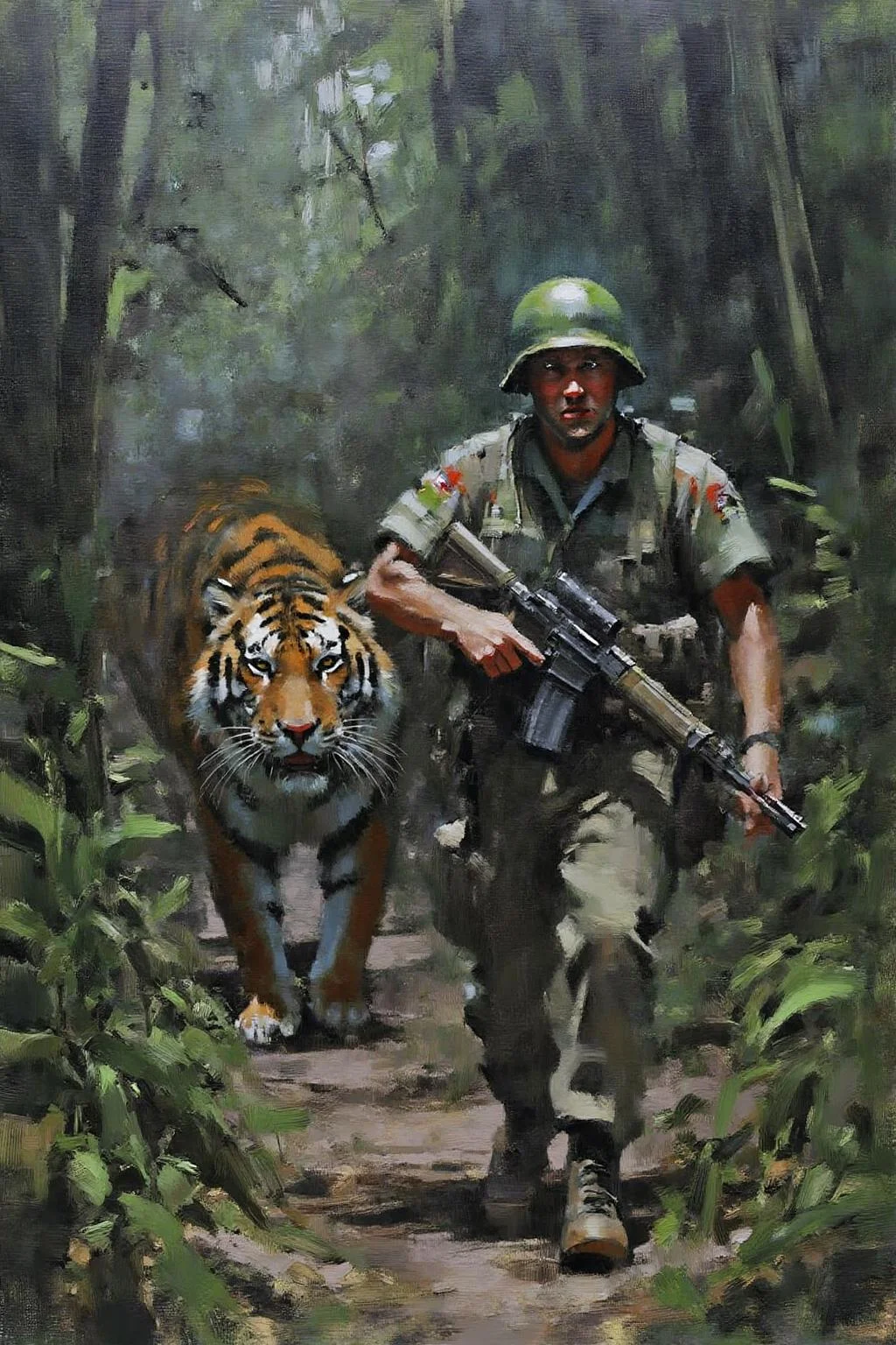 marklague1 painting.
Create a tense jungle scene set in Vietnam, featuring a dense, lush environment with thick foliage, tall trees, and tropical plants. We see the close up face of an American Marine, showing fear in his face, is cautiously walking towards the viewer, holding a rifle in a ready position. He is dressed in camouflage fatigues and a helmet, blending into the surroundings. Unbeknownst to him, a distance away, a stealthy tiger is following closely behind, partially obscured by the foliage. The tiger's eyes are fixed on the soldier, adding a sense of impending danger to the scene. The overall atmosphere should be one of suspense, with the jungle's dense greenery and shadows heightening the tension. <lora:marklague1_cap_d8a4e12:1.0><lora:855138463253569468:0>