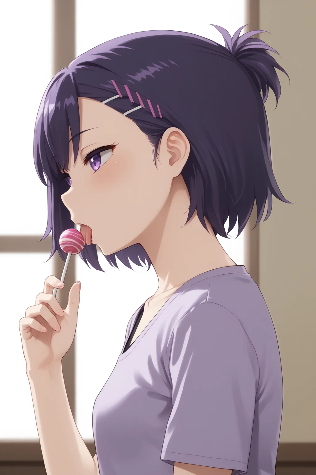 zPDXLpg, 1girl, solo, half-closed eyes, blush, tongue out, licking lollipop using tongue, seductive, upper body, focus face, young, from side,
 <lora:vignetteGDPonyV4:1> vinegd, dark purple hair, short hair, purple eyes, half updo, small breasts,, <lora:hand 4:1> Hand, five fingers,,