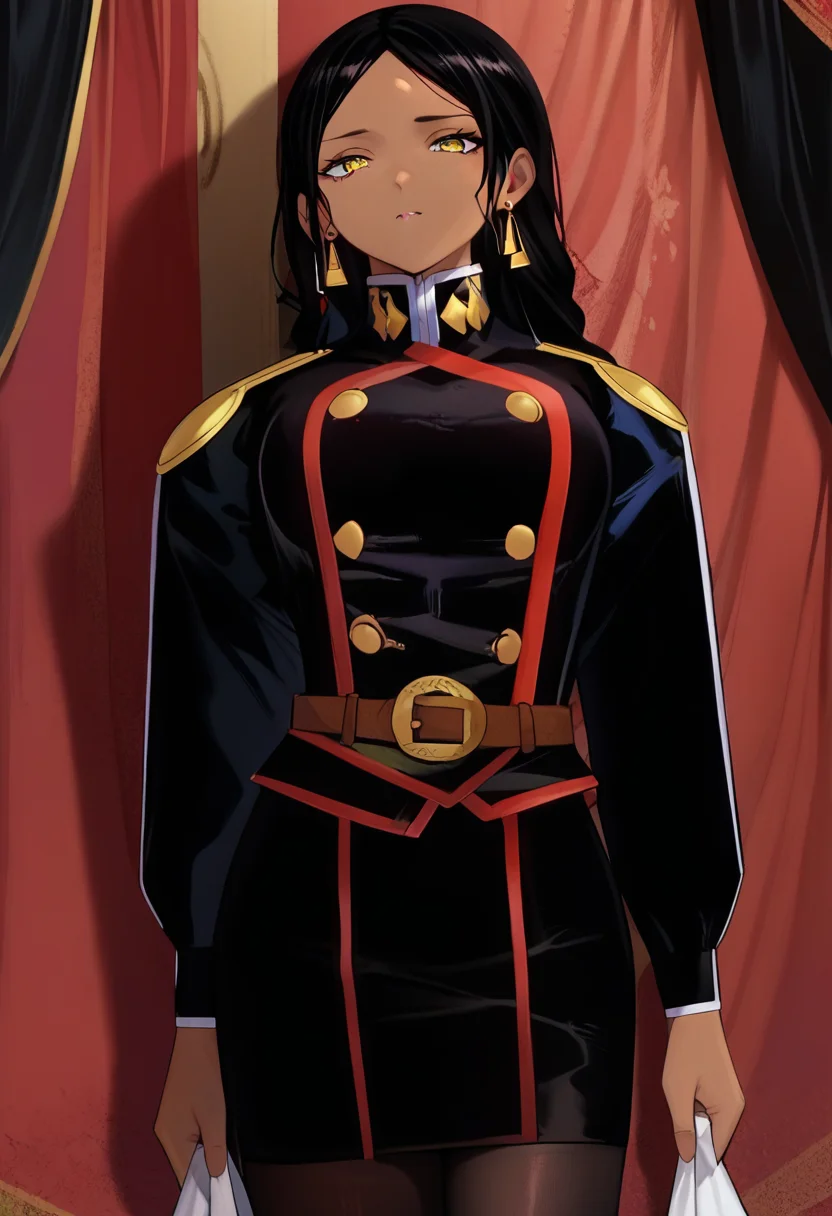score_9, score_8_up, score_7_up, source_anime, Prachi4Sherawat, 1girl, solo, bangs, jewelry, dark skin, dark-skinned female, yellow eyes, breasts, black hair, long hair, large breasts, parted bangs, long sleeves, black uniform, earrings, pantyhose, belt, uniform <lora:prachi sherawat pony:1>