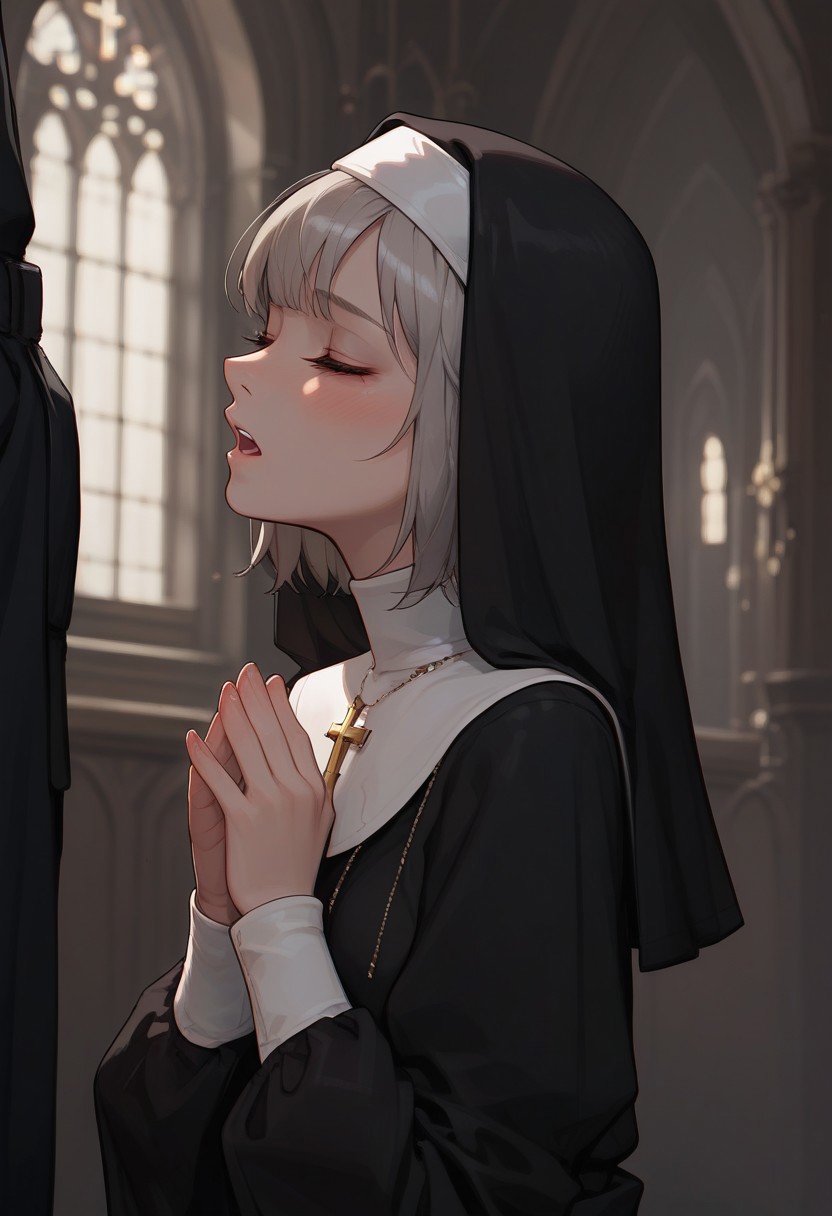 masterpiece, best quality, wallpaper, highly detailed, score_9, score_8_up, score_7_up, score_6_up, source_anime, (score_9, score_8_up, score_7_up), (vivid colours), g0thicPXL,
BREAK.
1girl,small breast,medium ass, ,blush, short silver hair, (messy silver hair), bangs,pale skin, medium breast, sexy face, glowing light,young, perfect body, fair skin, ((dark circles under eyes)), ((messy silver hair)), grey eyes,open eyes,(tired face), dynamic pose,indoors, (tired face),nun,sexy nun constume,praying, kneeling ,pale skin, blushing, closed eyes,medium closeup, from medium, profile view,1man, out frame, priest,between the legs, in front of her face, open mouth, close up her face
BREAK
(church), warm light