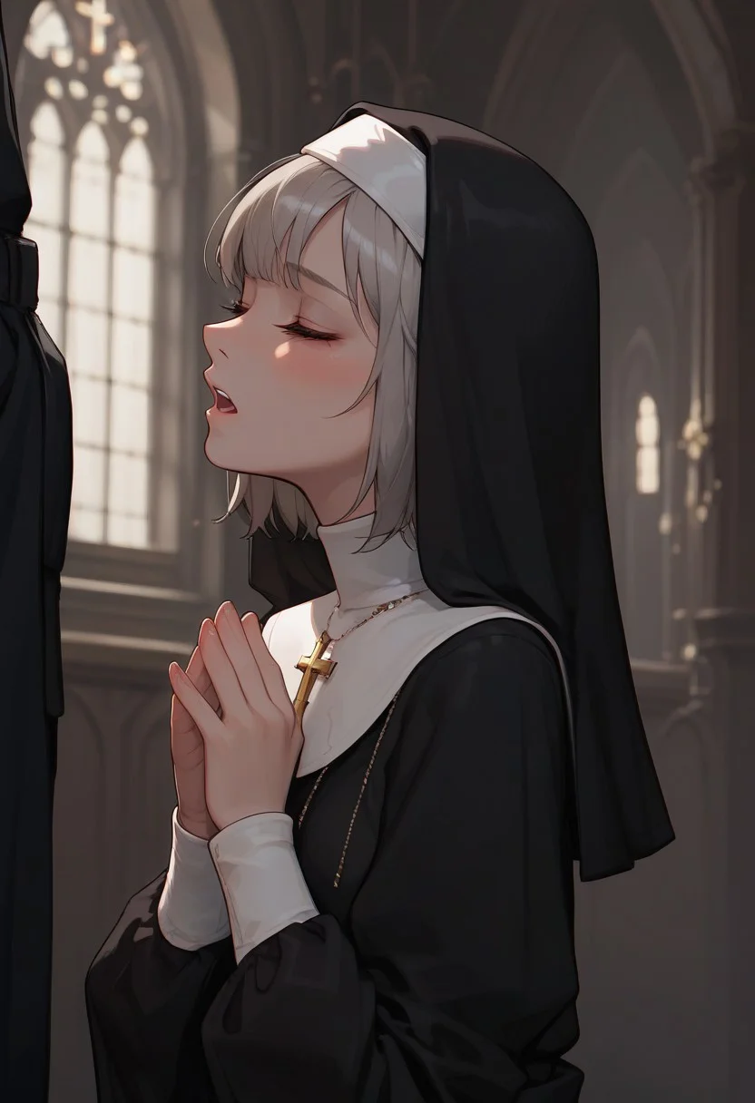 masterpiece, best quality, wallpaper, highly detailed, score_9, score_8_up, score_7_up, score_6_up, source_anime, (score_9, score_8_up, score_7_up), (vivid colours), g0thicPXL,
BREAK.
1girl,small breast,medium ass, ,blush, short silver hair, (messy silver hair), bangs,pale skin, medium breast, sexy face, glowing light,young, perfect body, fair skin, ((dark circles under eyes)), ((messy silver hair)), grey eyes,open eyes,(tired face), dynamic pose,indoors, (tired face),nun,sexy nun constume,praying, kneeling ,pale skin, blushing, closed eyes,medium closeup, from medium, profile view,1man, out frame, priest,between the legs, in front of her face, open mouth, close up her face
BREAK
(church), warm light
