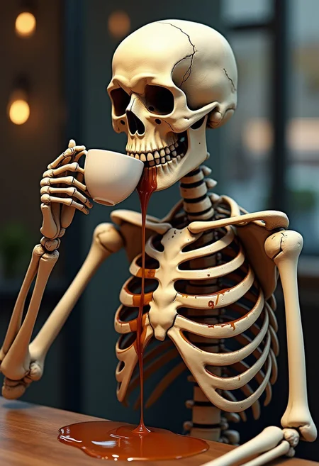 A skeleton drinking coffee at Starbucks but as he pours the coffee into his mouth and down his throat it leaks out of his body and spills everywhere, very messy, coffee dripping on his bones, chest, ribs