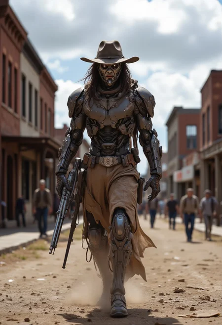 westernpunk style, dusty street in an 1850 frontier town at high noon, a striking youngMoxie westernpunk figure walks down the middle of the street, their futuristic presence a stark contrast to the 1850's lawless frontier town, this figure commands the attention of everyone, exuding an air of fearlessness and commanding respect, dynamic lighting shows off the details of this fearsome person face while not bringing attention to the background, Wild West and futuristic aesthetic with a dirty duster from the trail over an exosuit with cowboy aesthetics. sci-fi western elements, and augmented mechanical enhancements, cowboy or gunslinger.