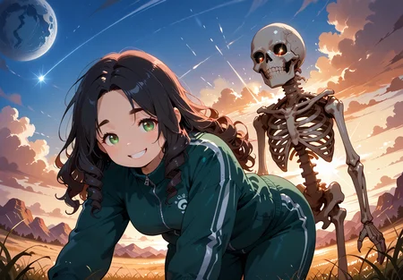 IllusP0s, PonyScores7, source_anime, ah1, IllustriousQual, interesting, exciting, spectacular, wonderful,
BREAK <lora:xl_more_art-full_v1:0.2>, <lora:aesthetic_anime_v1s:0.2>, <lora:EpicF4nta5yXL:0.2>, <lora:detailxl:0.2>, detailxl, <lora:Fant5yP0ny:0.2>, amazing quality, best aesthetic, absurdres, illustration, Volumetric_Lighting, ultra-detailed, very aesthetic, intricate details, best_quality
BREAK ((She lies on her back, her arms stretched out above her head)),
BREAK Stable_Yogis_PDXL_Positives, AS-Adult, <lora:Complicated fantasy portrait - XL Pony V2.0:0.2>, bad-hands-5, <lora:HDA_Detailer:0.3>, <lora:natsumi_style:0.5>, <lora:by_usakun-pony:0.4>, by usakun, <lora:Akina_Bbw_Style_-_PonyXL:0.2>, AkinBw, ((scan)),
BREAK 1girl, mature female, (curvy), round-chin, caucasian, <lora:ETO_OC_Illustrius:0.5>, eto_oc, skindentation, (plump), thick thighs, wide hips, busty, voluptuous, <lora:venus body PonyXL:0.3>, <lora:shinyskin2:0.2>, glistening skin, HDA_FatGirlXL,
BREAK ((<lora:tracksuits_pony_V1.0:0.8>, tracksuits)),
BREAK (curly hair), long hair, (black hair:1.4), (parted hair:1.7), messy hair, kinky curls, <lora:hairdetailpxl:0.2>, hairdetailpxl,
BREAK (half green and brown eyes), (colorful eyes), (multicolored eyes), (downturned eyes:1.4), <lora:expressive eyes:0.2>, expressive eyes, <lora:eyedetailpxl:0.2>, eyedetailpxl, <lora:Eyes_High_Definition:0.2>, EyesHD, (round face:1.2), (thick eyebrows:1.3), (plump face), <lora:Round_face:0.2>, lips,
BREAK ((spine-tingling grin expression)), <lora:Expressive_H:0.2>, Expressiveh, <lora:Emotional_Anime_Expressions_PonyXL_Concept:0.2>, emotional, <lora:Best_Facial_Expression_LoRA_PONY:0.2>, looking at viewer, <lora:Detailed expressive EXEV style -XL Pony V1.0:0.2>, FaceDetail,
BREAK (((A bleak desert planet scorched by the rays of a dying star, with blackened dunes and skeletal alien remains))), <lora:Background Detailer - SDXL:0.8>, 4k, 8k, Ultra HD, Masterpiece, Best quality, Detailed background, <lora:Add_more_details_V2_XLpony:0.4> full_details,