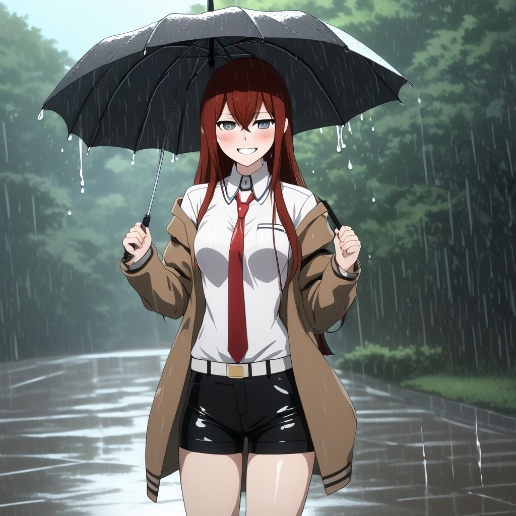 A hot and cute image of Makise Kurisu playing in the rain , jacket , white shirt , red necktie , full body , sexy legs , holding umbrella , cheerful smile , blush