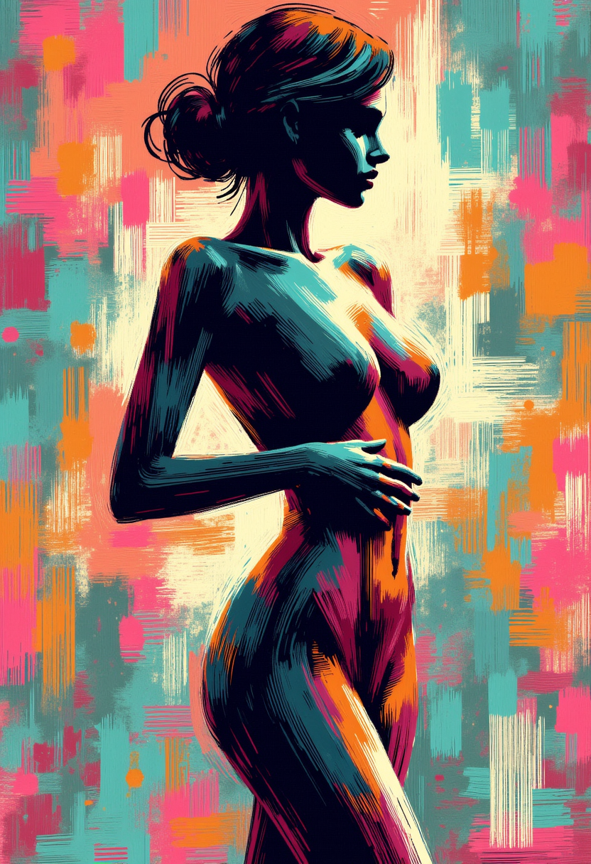 A digital impressionist painting with bold brush strokes about the side silhouette of a naked woman with large breasts and nipples and shorter hair over a colorful background.
