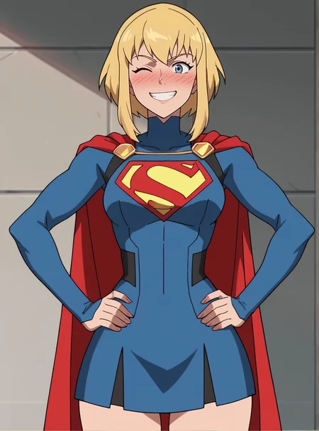 score_9, score_8_up, score_7_up, score_6_up, score_5_up, score_4_up, source_anime , anime screencap, <lora:KaraSuper:0.8>1girl, blonde hair, solo,, karacivil, short hair, , sidelocks, blue eyes, , wide hips, narrow waist,nose blush,supergirl_costume, cape, red_skirt,red_elbow_gloves miniskirt, thick thighs, smile hands on hips, wink