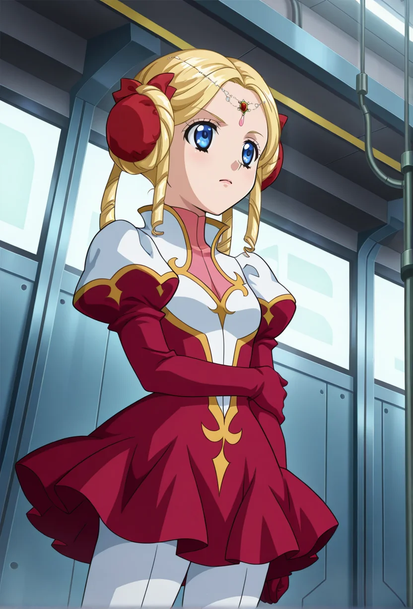 indoor, factory, sci-fi,
looking aways, small breasts,
cowboy shot, hand on own arm, dynamic angle,
BREAK,
<lora:shineX_illustriousXL_v01:1>
shineplt, blonde hair, blue eyes, double bun, hair rings, side drills, jewelry,
shinepltdre, puffy sleeves, short dress, red gloves, red dress.
white pantyhose,, source_anime, very aesthetic, anime coloring, masterpiece, official art,
best quality, amazing quality, ultra detailed, very aesthetic,
detailed background,
BREAK,