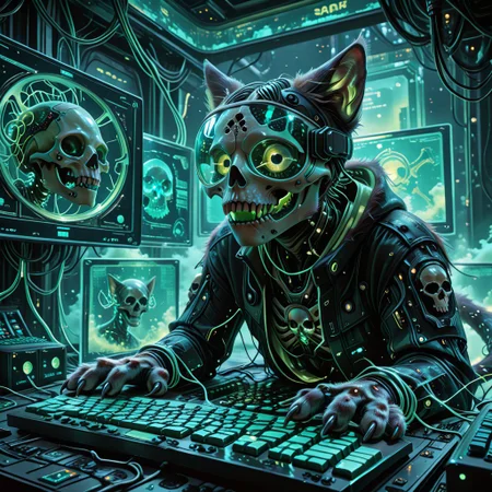 cf_style, skullthemeXL, neon cyberpunk, holographic glow, bioluminescent accents, cartoon realism, sharp angles,
(1 tech-savvy cat), wearing a sleek visor, seated at a custom skull-shaped computer terminal.  
Paws typing on a keyboard made of cracked bone fragments, with wires resembling spinal cords connecting to glowing monitors.  
Background is a dark server room filled with floating interface panels and flickering cables wrapped around femurs.  
Green and magenta ambient glow, subtle fog, wireframe reflections on fur. Stylized hard-light shadows and neon edge glow.