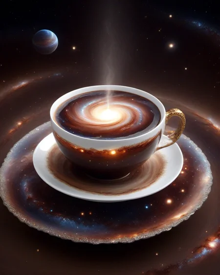 (masterpiece), (extremely intricate:1.3), (realistic), a white table, a cup on a table, inside the cup a coffee shaped like a brown 
 galaxy, 4k, masterpiece