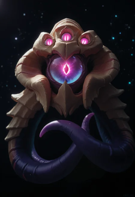 score_9, score_8_up, score_7_up, score_6_up, score_5_up, score_4_up, BREAK, solo, simple background, dark background, space, velkozpdxl, monster, glowing eye, purple eye, close up, stars, tentacles, <lora:VelKoz2:0.85>,