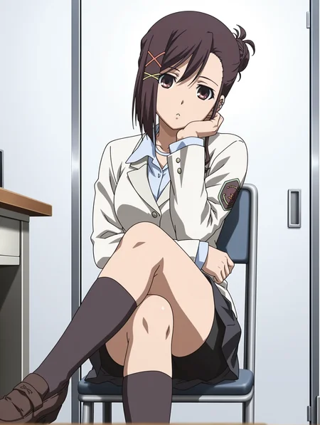 masterpiece,best quality,newest,
1girl,solo,
anime screencap,<lora:sakurai_kanade_ilxl_v1.0>,brown hair,single hair bun,x hair ornament,brown eyes,short hair,
k_clothes,uniform,white jacket,shirt,black skirt,black shorts under skirt,black socks,loafers,
<lora:Fixhands_anime_bdsqlsz_V1:1>,looking_at_screen,sitting_on_chair,crossed_legs,white_background,simple_background,looking_at_viewer,front view,