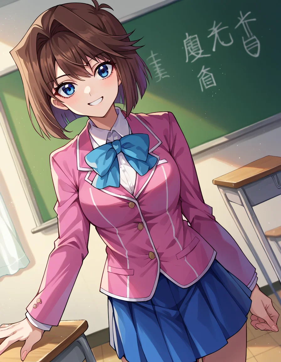 score_9, score_8_up, score_7_up, source_anime,
anzumazaki, <lora:anzu-mazaki-ponyxl-lora-nochekaiser:1>
anzu mazaki, blue eyes, brown hair, short hair,
blazer, blue skirt, domino high school uniform, jacket, miniskirt, pink shirt, school uniform, shirt, skirt,
indoors, classroom, smile,
looking at viewer, cowboy shot, dutch angle,