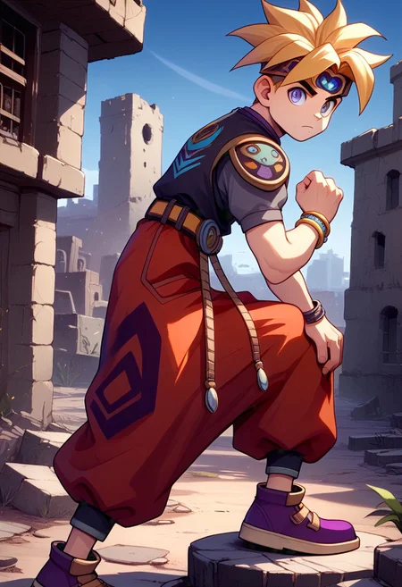score_9, score_8_up, score_7_up, source_furry, FMW1, 1boy, (gradient eyes:1.5), terranigmark, spiky blonde hair, pauldrons with faces, jeweled headband, purple print shirt, gray sleeves, bracelets, belt with dangling straps, red baggy pants, purple shoes, outdoors, town, ruins, dust,