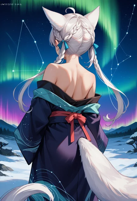score_9, score_8_up, source_anime, 1girl, solo, WhiteBurinyan, animal ears, tail, long hair, ahoge, braid, twintails, hair ribbon, aurora, back, bare back, bare shoulders, constellation, from behind, kimono, light particles, long sleeves, off shoulder, <lora:ChamWhiteBurinyanPonyXL:1>