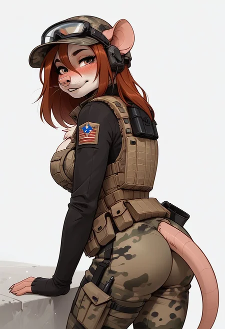 score_9, score_8_up, score_7_up, score_6_up, 1 anthro rat girl, leaning on cabinets, sexy face, sexy , wearing military camo baseball cap, military skii visor, cute face, hazel eyes shy , nose blush, small boobs, cleavage, chest up, military dark camo outfit, military bulletproof vest, tactical gear, tactical belt, modern military suit, wearing only bottom, outside background, ear protections, shooting weapon, rear view, butt view behind view, leggings, side exposed boobs