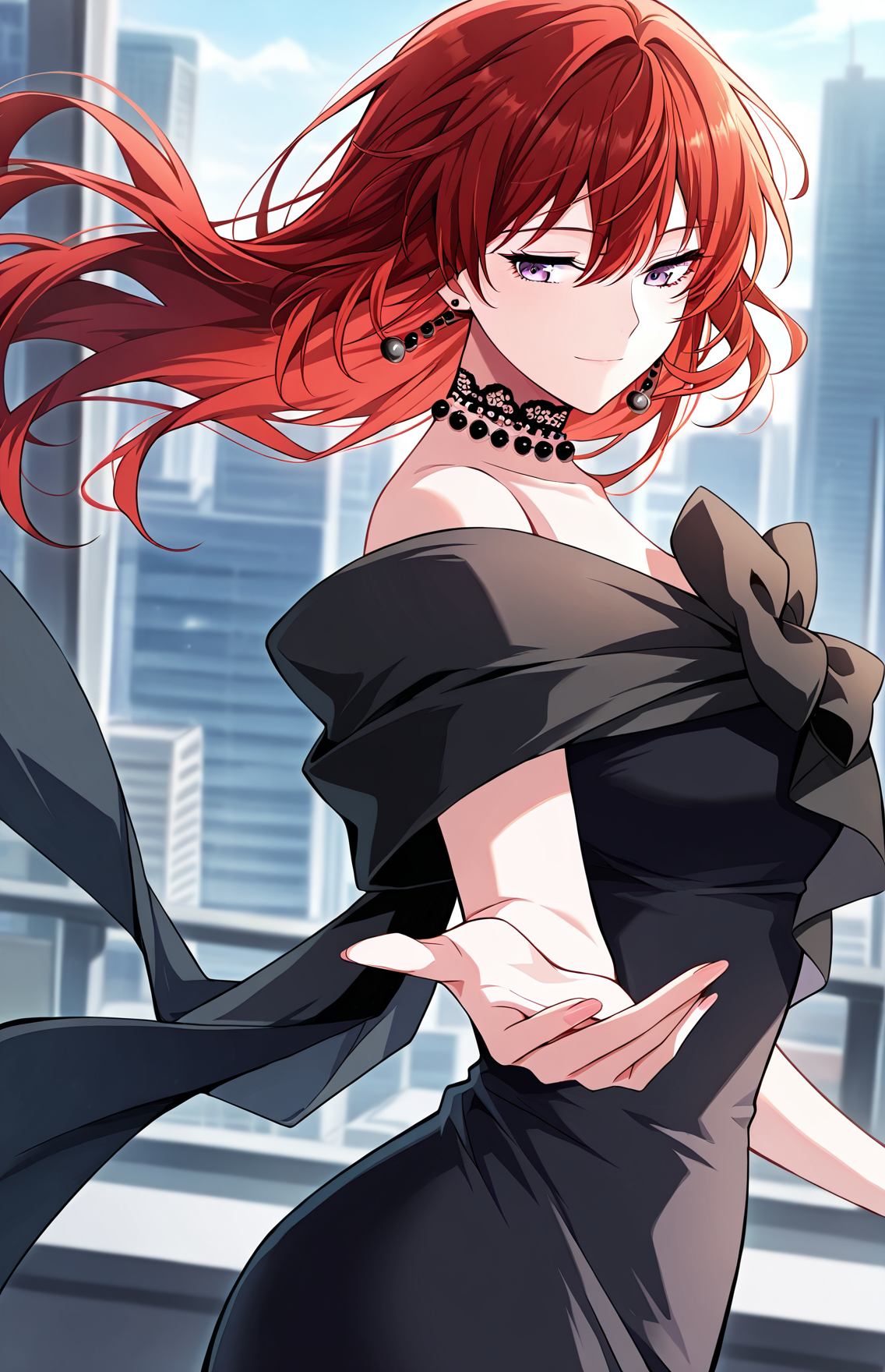 <lora:Claire_Bladeheart_v2__The_Beginning_After_the_End__Illustrious-000006:1>
1 girl, solo, elegant woman, short red hair, long red hair, purple eyes, 
black off-shoulder dress, large bow on chest, pearl necklace, black choker, dangling earrings, slim waist
score_9, score_8_up, score_7_up, very aesthetic, source_anime, detailed, high quality, beautiful, masterpiece, detailed eyes, cityview, blurry background, pose dynamic angle, upper body, cowboy shot, light smile, looking back, reaching out, floating hair
