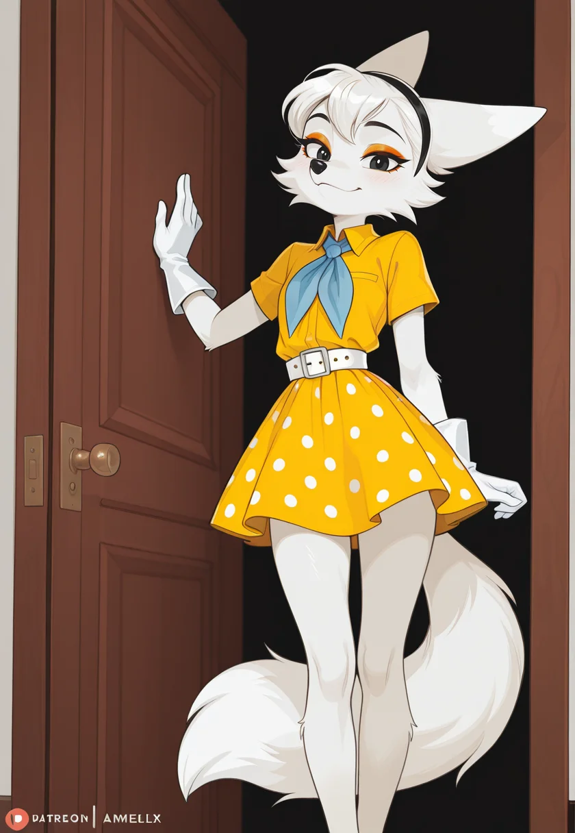 masterpiece,best quality,amazing quality, sfw, general, solo, solo female, looking at viewer, adorable, beautiful, Amelie, anthro fox, furry female, white fur, white gloves, black nose, yellow shirt, black eyes, yellow skirt with polka dot, white waist belt, (black bezel:1.3), short sleeves, orange makeup, standing, sexy, (long legs), tall, long and beautiful legs, looking at viewer, cute, posing <lora:Amelie_VK_stickers:0.8>