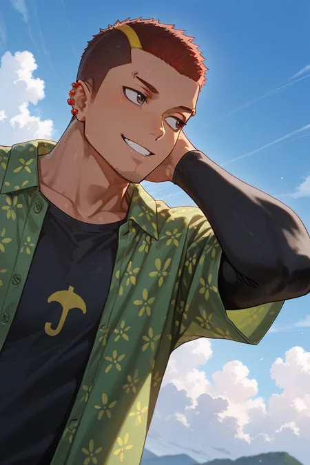 looking away, expressive happy face,male solo, solo, 1boy, UnjiZuma, facial hair, chin stubble, zuma_ear_piercings, zuma_eyebrow_piercing, zuma_oversized_shirt_with_flower_patterns, tight longsleeves, smiling, outdoors day clouds, blue sky, close up, upper body, from below, dutch angle, dynamic angle, dynamic action, atmospheric perspective, cinematic, intricately detailed illustration, depth of field, masterpiece, best quality, amazing quality, very aesthetic, absurdres, newest,