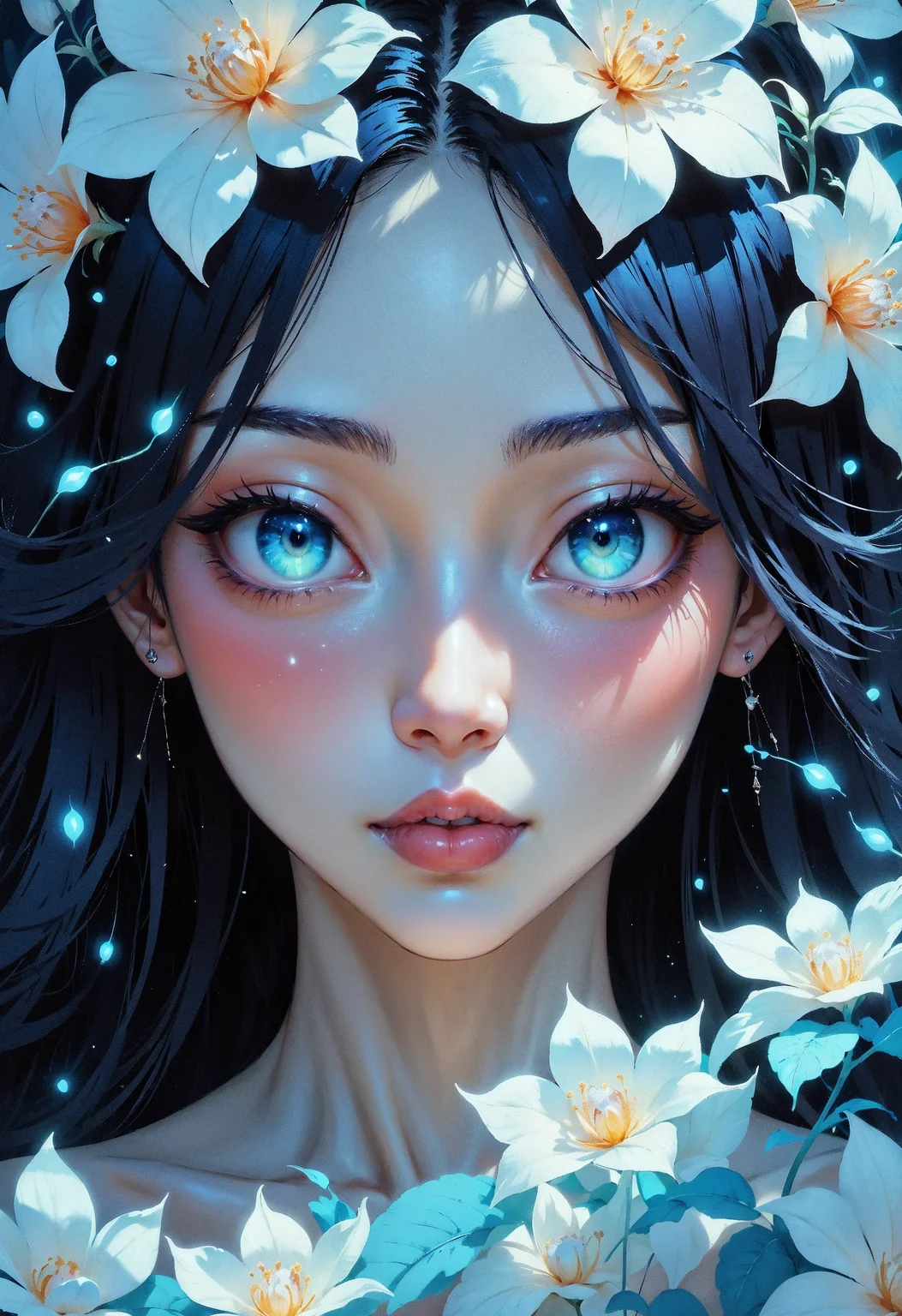 (in Otomo Katsuhiro style:1.2), masterpiece, high-quality, A close-up of a womans face framed by delicate glowing flowers entwined in her hair, Her skin is dappled with petal-like patterns, each breath she takes causes the flowers to pulse with a gentle light, Her gaze is calm yet powerful, Photorealistic, soft glowing flora, dreamlike ambiance, (elaborate fine details:1.1), (elaborately detailed attire with extraordinary elements and headdress:1.1), (hyperdetailed:1.1), (intricate details:1.0), (Refined details:1.1), (best quality:1.1), (high resolution:1.2)
