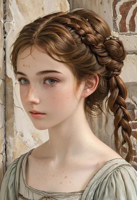masterpiece,best quality,portrait of luc14nn4 idolmaster cinderella girls, brown braided hair, freckles,illustration,style of Elsa Beskow,