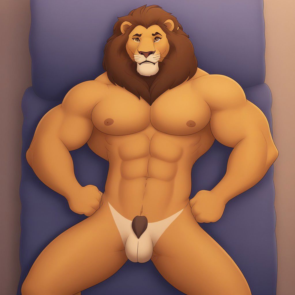 solo, long hair, smile, 1boy, navel, animal ears, nipples, tail, full body, male focus, thighs, nude, lying, penis, armpits, stomach, pubic hair, completely nude, uncensored, muscular, facial hair, thick thighs, erection, abs, testicles, pectorals, muscular male, male pubic hair, bara, furry, large pectorals, furry male, lion ears, seductive smile, chest hair, navel hair, lion tail, lion boy, standing, outside
