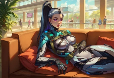 Score_9, score_8_up, score_7_up, high quality, detailed, perfect face, perfect eyes, Eleanor, 1girl, solo, black hair, jewelry, multicolored hair, two-tone hair, piercing, ponytail, grey hair, earring, ((high quality face)), tied hair, blacksclera, purple eyes, glowing eyes, neck armor, bodysuit, glove, shade, hips, cyborg, smiling, sitting on couch, lounging, rundown shopping mall, Expressiveh