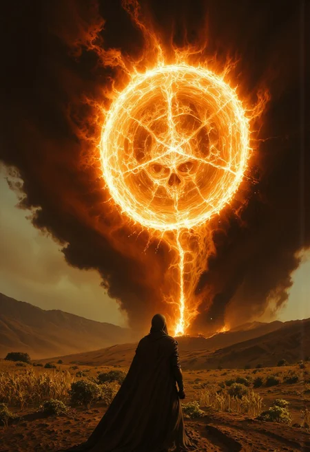 Extreme Closeup Portrait A dystopian depiction of the Sun as both creator and destroyer: the radiant assassinzohc Sun dominates the sky, its fiery tendrils reaching down to Earth. Below, a landscape torn between life and death: one side lush with golden crops and vibrant greenery, the other scorched, barren, and crumbling into ash. A shadowy figure stands at the horizon, arms outstretched in reverence and despair, their silhouette caught between the Sun’s blinding light and its searing destruction. The atmosphere is apocalyptic yet poetic, with swirling clouds of fire and smoke, beams of light cutting through the haze like divine judgment. The mood is a haunting blend of awe and terror, as if witnessing the Sun’s ultimate reign over humanity.The atmosphere is cinematic, with hyper-realistic detail, soft shadows, and an intense, otherworldly mood in a desolate desert landscape. Moody Closeup Portrait, feudal Silk Road style, amazing quality, masterpiece, best quality, hyper detailed, ultra detailed, UHD, dof, hyper-realism, majestic, awesome, inspiring. Her torn nun's habit glowing dress flap in the breeze, exuding a laid-back yet dangerous vibe. The photo features faded colors, with a limited palette of gray, beige, and washed-out orange, capturing her cool, striking appearance.. cinematic composition, soft shadows, national geographic style, mythp0rt