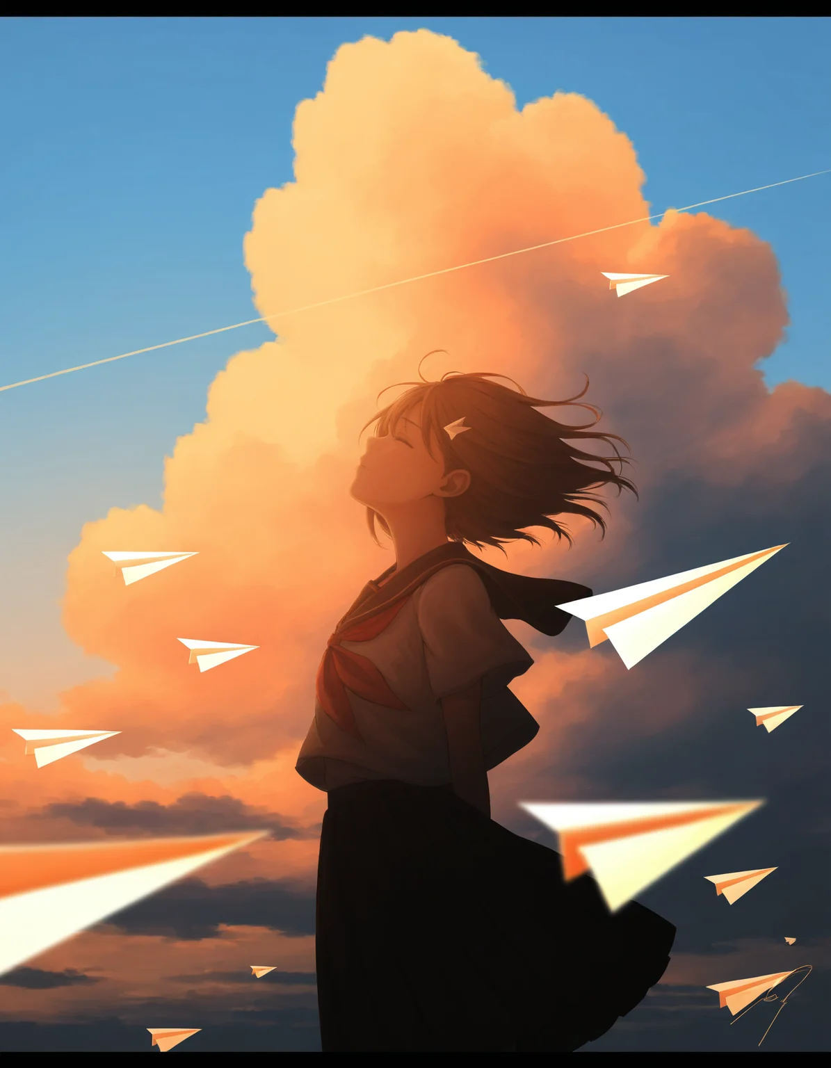 1girl, solo, short hair, shirt, skirt, brown hair, long sleeves, hair ornament, closed mouth, standing, school uniform, white shirt, closed eyes, short sleeves, outdoors, cowboy shot, pleated skirt, sky, day, serafuku, cloud, signature, black skirt, sailor collar, blurry, from side, blue sky, neckerchief, profile, floating hair, depth of field, arms behind back, cloudy sky, looking up, letterboxed, wind, scenery, red neckerchief, black sailor collar, arms at sides, horizon, looking afar, wide shot, evening, gradient sky, orange sky, contrail, orange theme, floating clothes, origami, paper airplane, cumulonimbus cloud, paper crane, negative space, facing up <lora:nengoro:0.8>, best quality, masterpiece, very awa