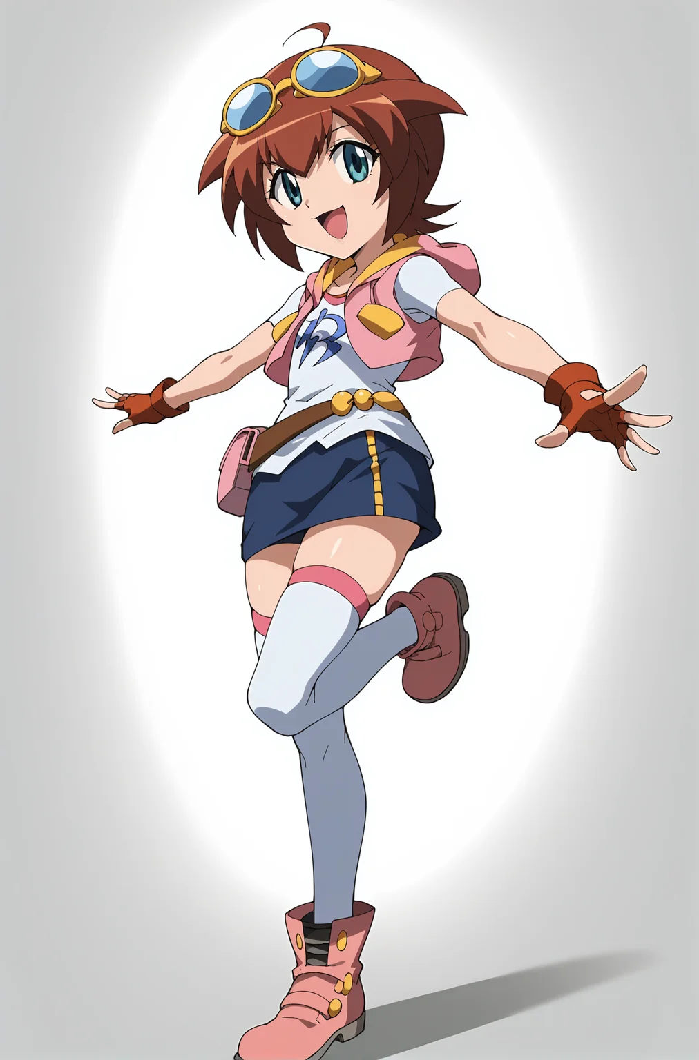 score_9, score_8_up, score_7_up, source anime, anime, animification, anime screencap, anime coloring, vivid colors, shiny skin, skindentation, deep skin, depth of field, high quality, highres, (dynamic angle,dynamic pose),
amano madoka, 1girl, solo, smile, short hair, open mouth, blue eyes, skirt, brown hair, thighhighs, gloves, full body, ahoge, boots, belt, hood, fingerless gloves, vest, white thighhighs, hoodie, standing on one leg, goggles, goggles on head, pouch, belt pouch
BREAK
masterpiece, high quality
 <lora:Amano_Madoka:0.9>