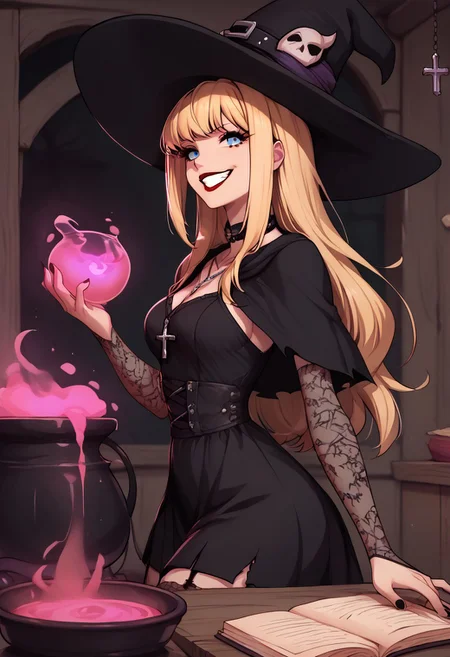 score_9, score_8_up, score_7_up, source_anime, amane misa, 1girl, solo, blonde hair, blue eyes, bangs, long hair, two straight hair, red lips, cross necklace, table, grin, gothic, black choker, witch hat, witch hut, glowing cauldron, pink glowing, mixing potions, black dress, stockings, side view, looking at viewer,
