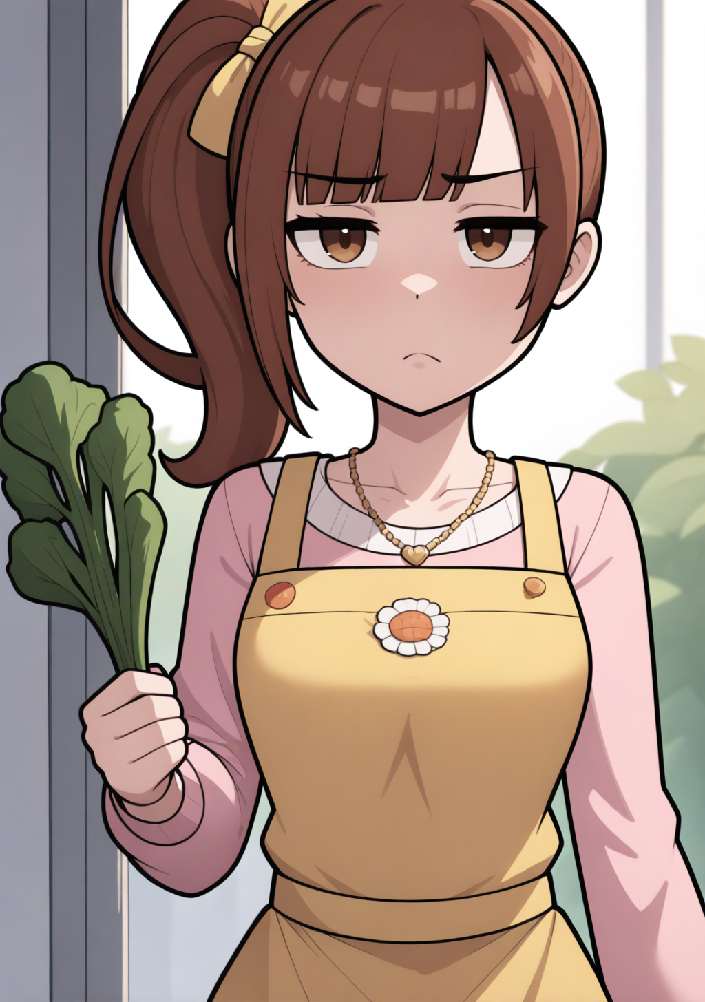 masterpiece, best quality, absurdres, perfect lighting,shiny skin,<lora:StS-Illustrious-Detail-Slider-v1.0:3>,<lora:illustrious_noobai_epsilon_pred_1_best_quality_v1:1>,1girl,igarashi kyoko,brown hair, side ponytail,brown eyes, <lora:igarashi_kyoko:1>,jewelry, necklace, hair bow, flower,dress,long sleeves,yellow_apron, vegetable,holding vegetable, vegetable_background,jitome,disdain,disappointed,disgust,bored, looking at viewer, reaching towards viewer,outdoors, backlighting, depth of field,