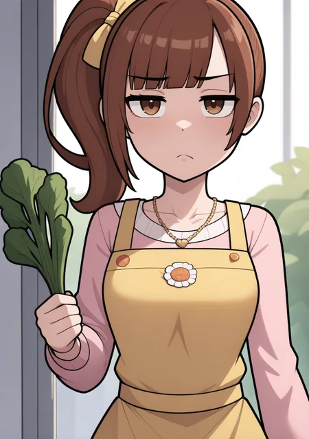 masterpiece, best quality, absurdres, perfect lighting,shiny skin,<lora:StS-Illustrious-Detail-Slider-v1.0:3>,<lora:illustrious_noobai_epsilon_pred_1_best_quality_v1:1>,1girl,igarashi kyoko,brown hair, side ponytail,brown eyes, <lora:igarashi_kyoko:1>,jewelry, necklace, hair bow, flower,dress,long sleeves,yellow_apron, vegetable,holding vegetable, vegetable_background,jitome,disdain,disappointed,disgust,bored, looking at viewer, reaching towards viewer,outdoors, backlighting, depth of field,