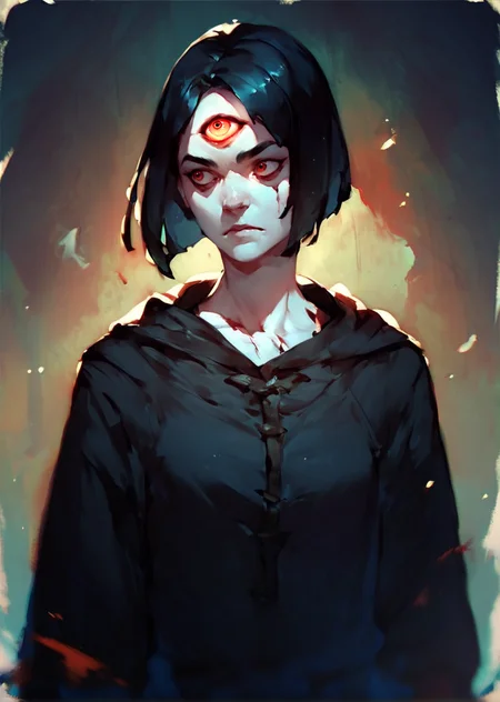 score_9, score_8_up, score_7_up, score_6_up, woman, third eye,  <lora:ThirdEyeXLPony-000008:0.8>, digital painting, black hair in bob cut, simple background, cowboy shot, black robes, pale skin, necromancer