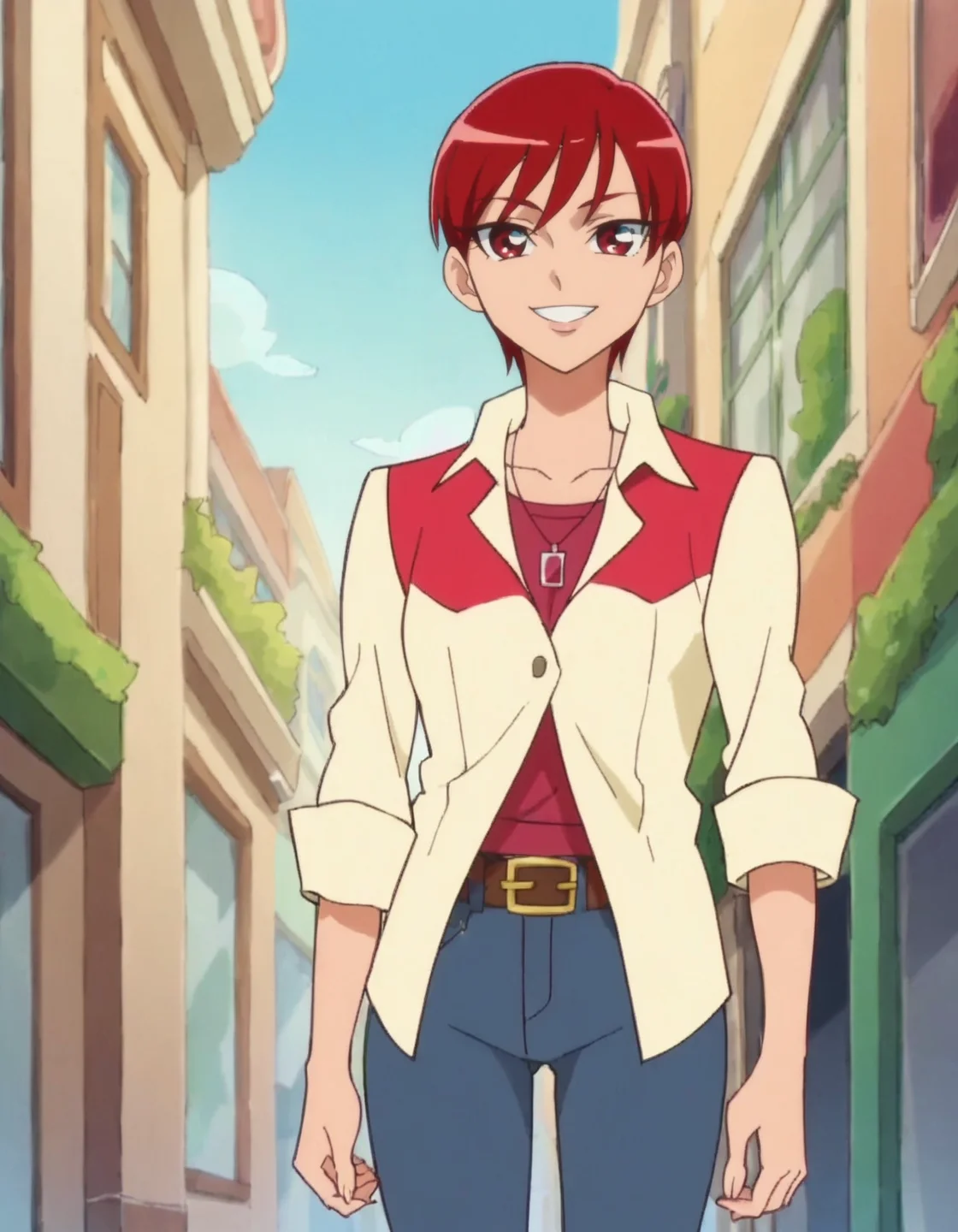 score_9, score_8_up, score_7_up, anime screencap, solo,1girl,kenjouakira, shirt,pants, denim, belt, jeans, smile, jewelry, looking at viewer, cowboy shot,medium breasts,wide hip<lora:kenjouakira:0.8>