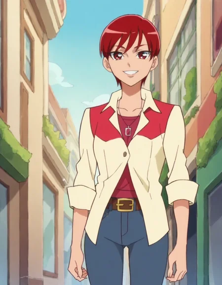 score_9, score_8_up, score_7_up, anime screencap, solo,1girl,kenjouakira, shirt,pants, denim, belt, jeans, smile, jewelry, looking at viewer, cowboy shot,medium breasts,wide hip<lora:kenjouakira:0.8>