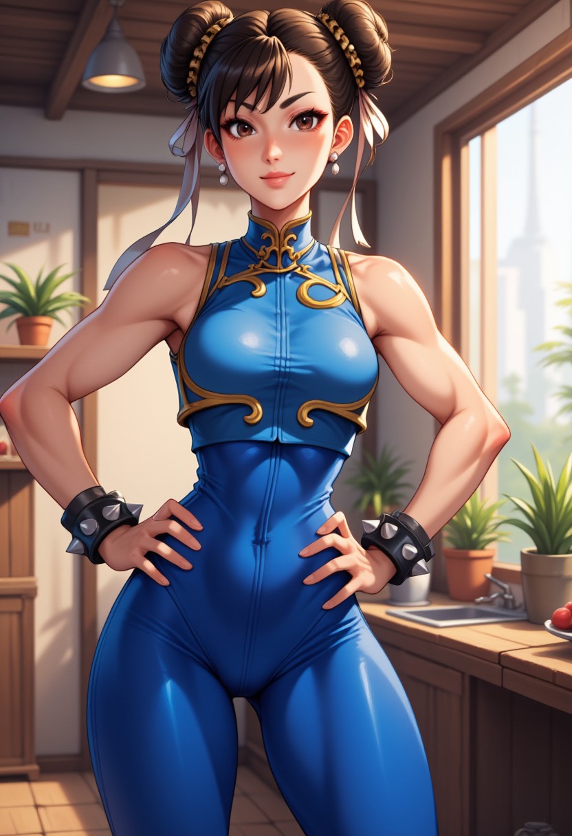 Anime image of Chunli wearing sleeveless blue top, tight blue leggings, hands on hips, spiked bracelet, full body, indoors